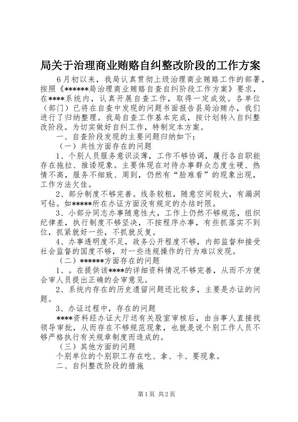 局关于治理商业贿赂自纠整改阶段的工作实施方案 _第1页