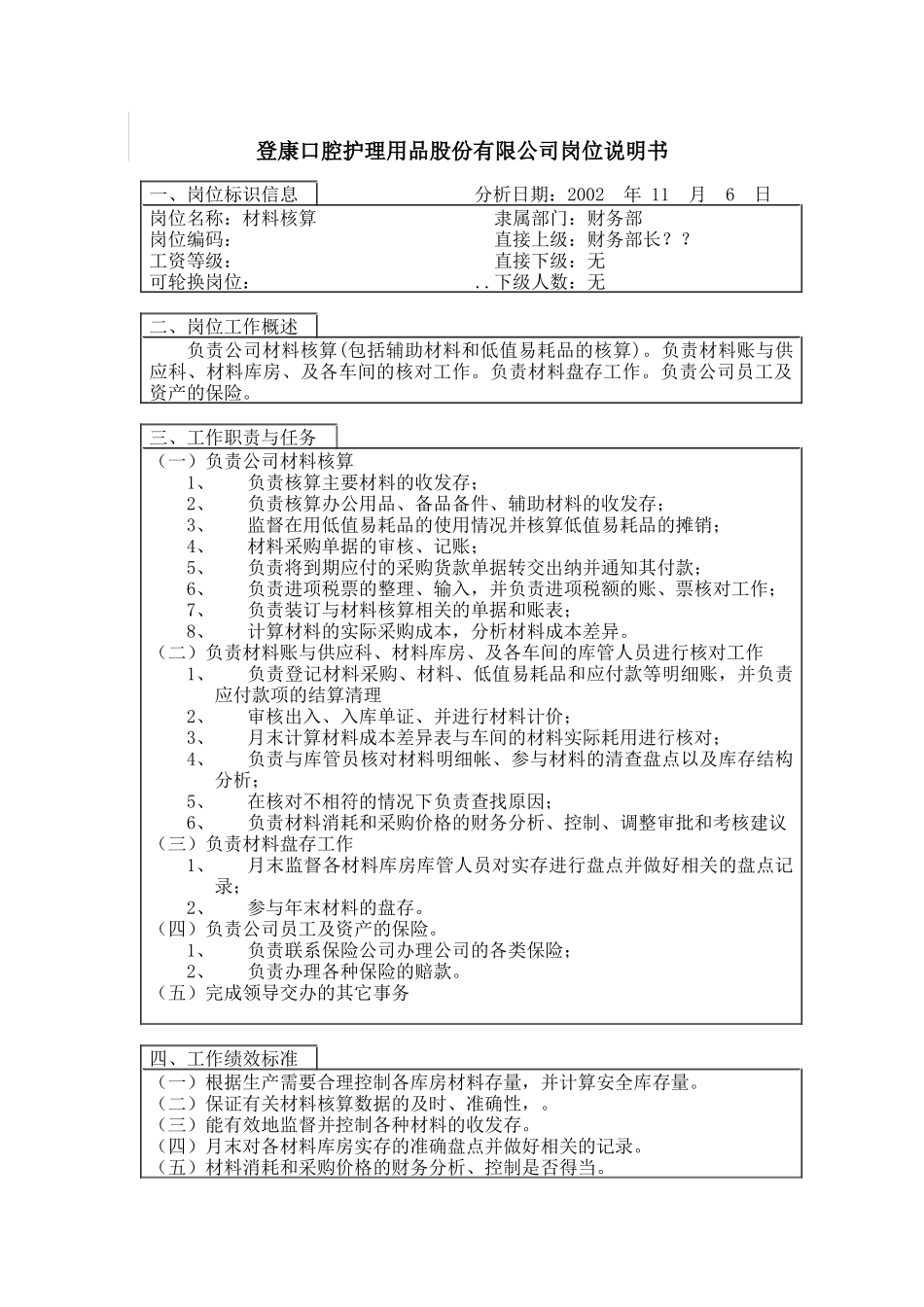 登康口腔护理用品股份有限公司材料核算岗位说明书_第1页