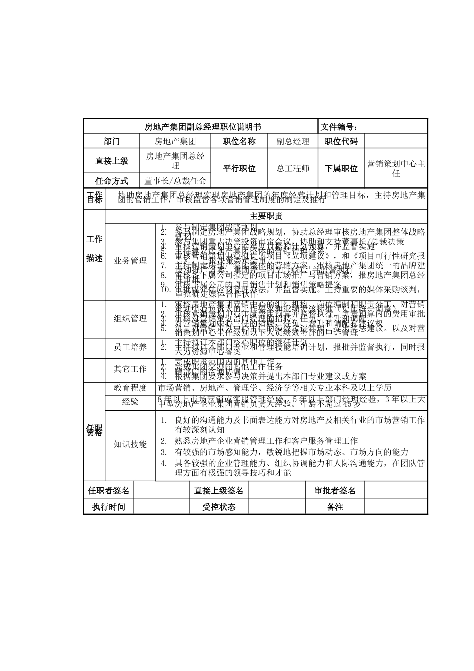 房地产集团副总经理岗位说明书_第1页