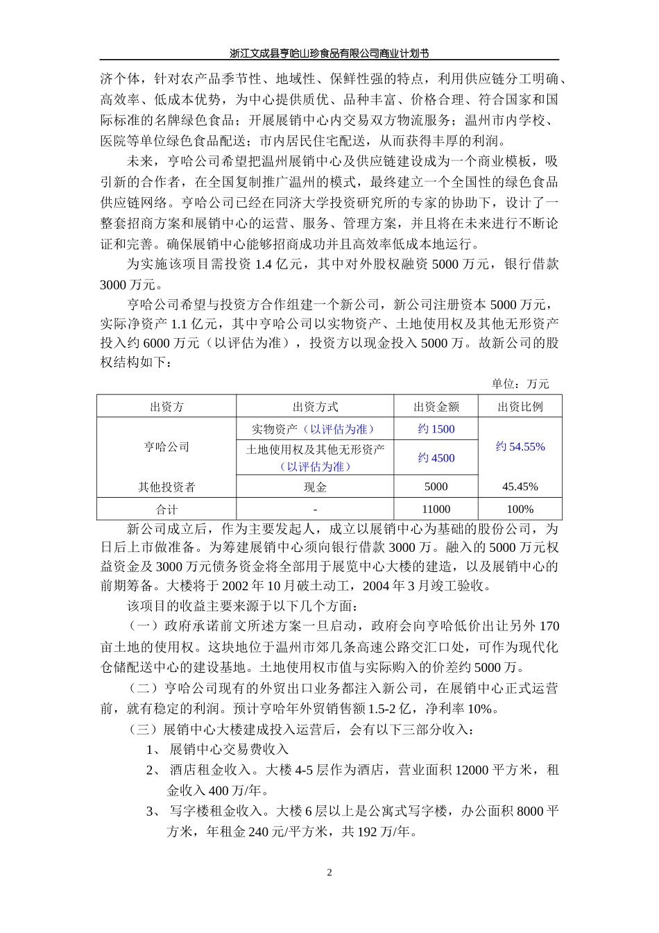 浙江文成县亨哈山珍食品有限公司商业计划书_第2页