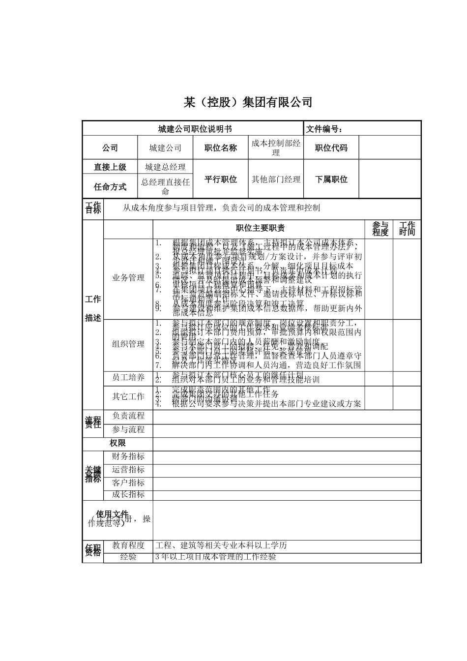 成本控制部经理岗位说明书_第1页