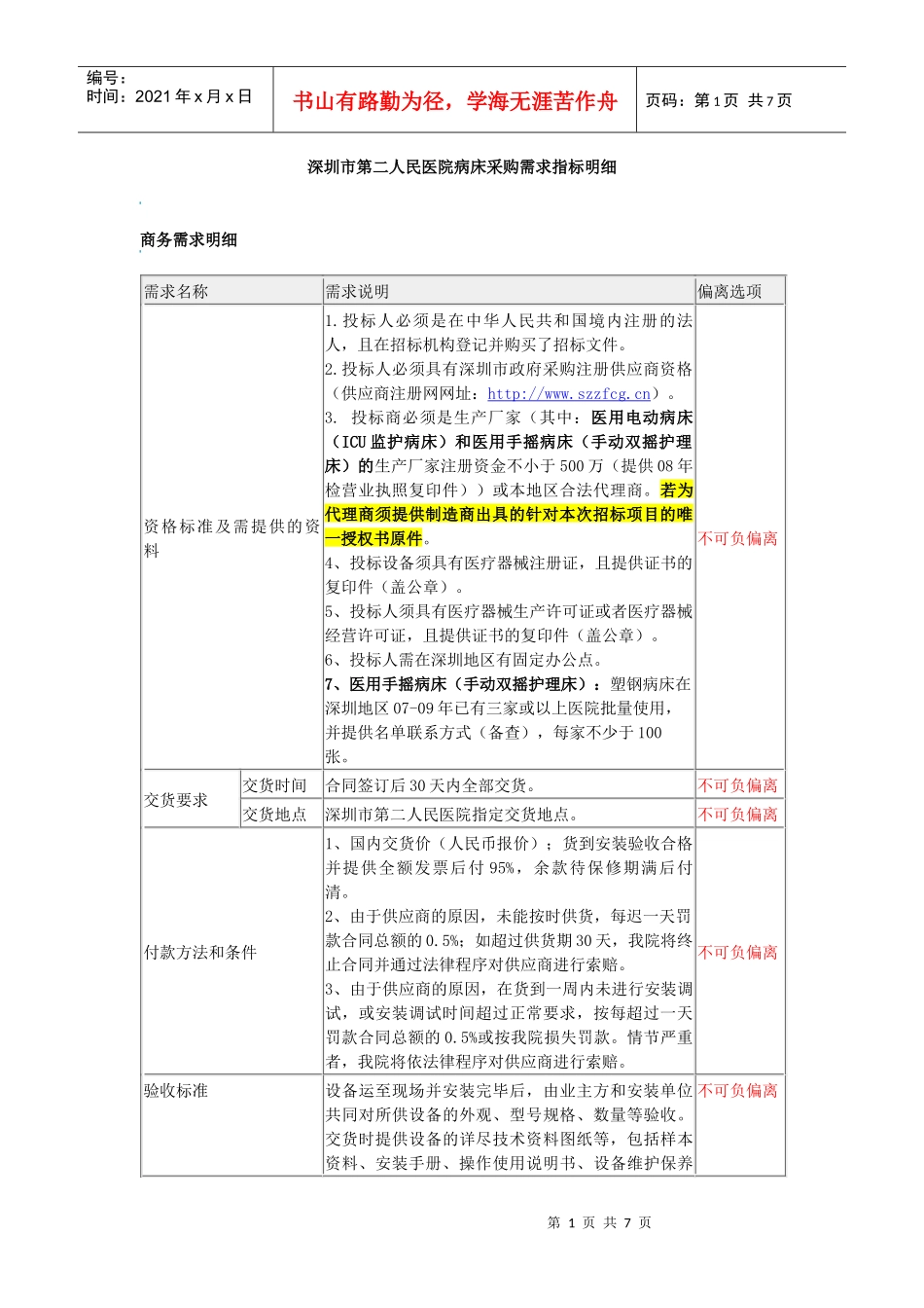 深圳市第二人民医院病床采购需求指标明细_第1页