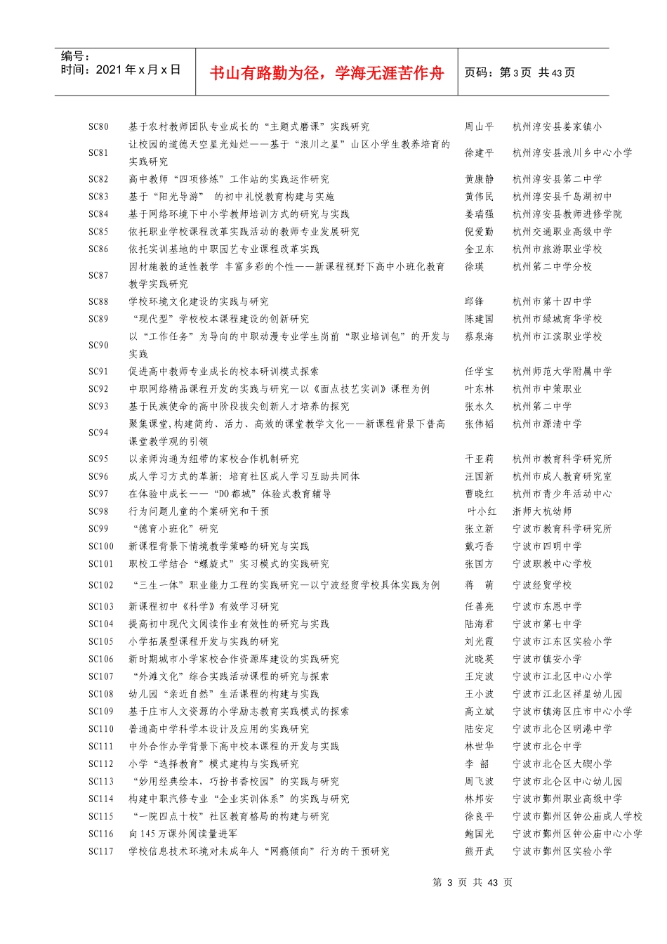 浙江省教育科学规划XXXX年度研究课题目录_第3页