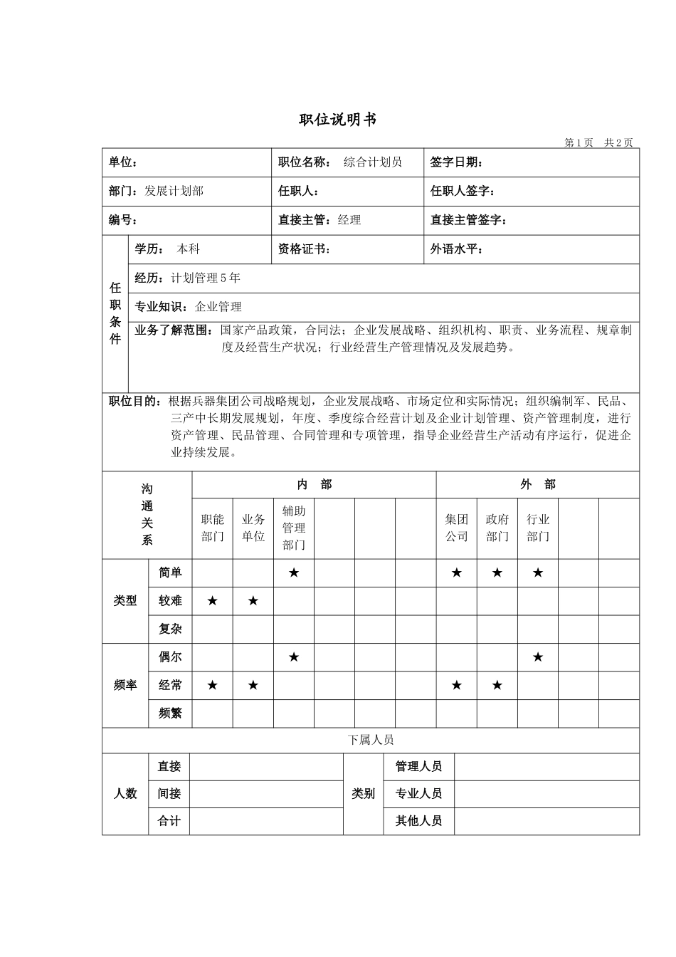 发展计划部综合计划员岗位说明书_第1页