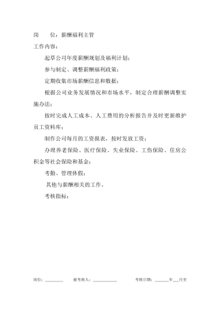 岗位工作内容和年度定性考核指标-薪酬福利主管
