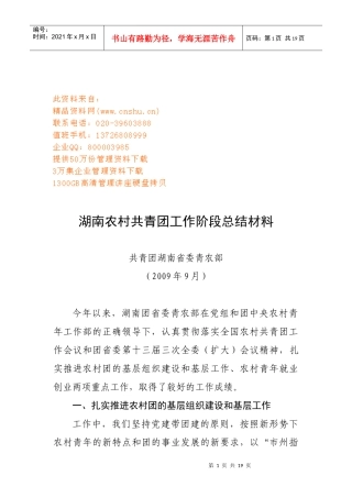 湖南农村共青团工作阶段总结材料汇总