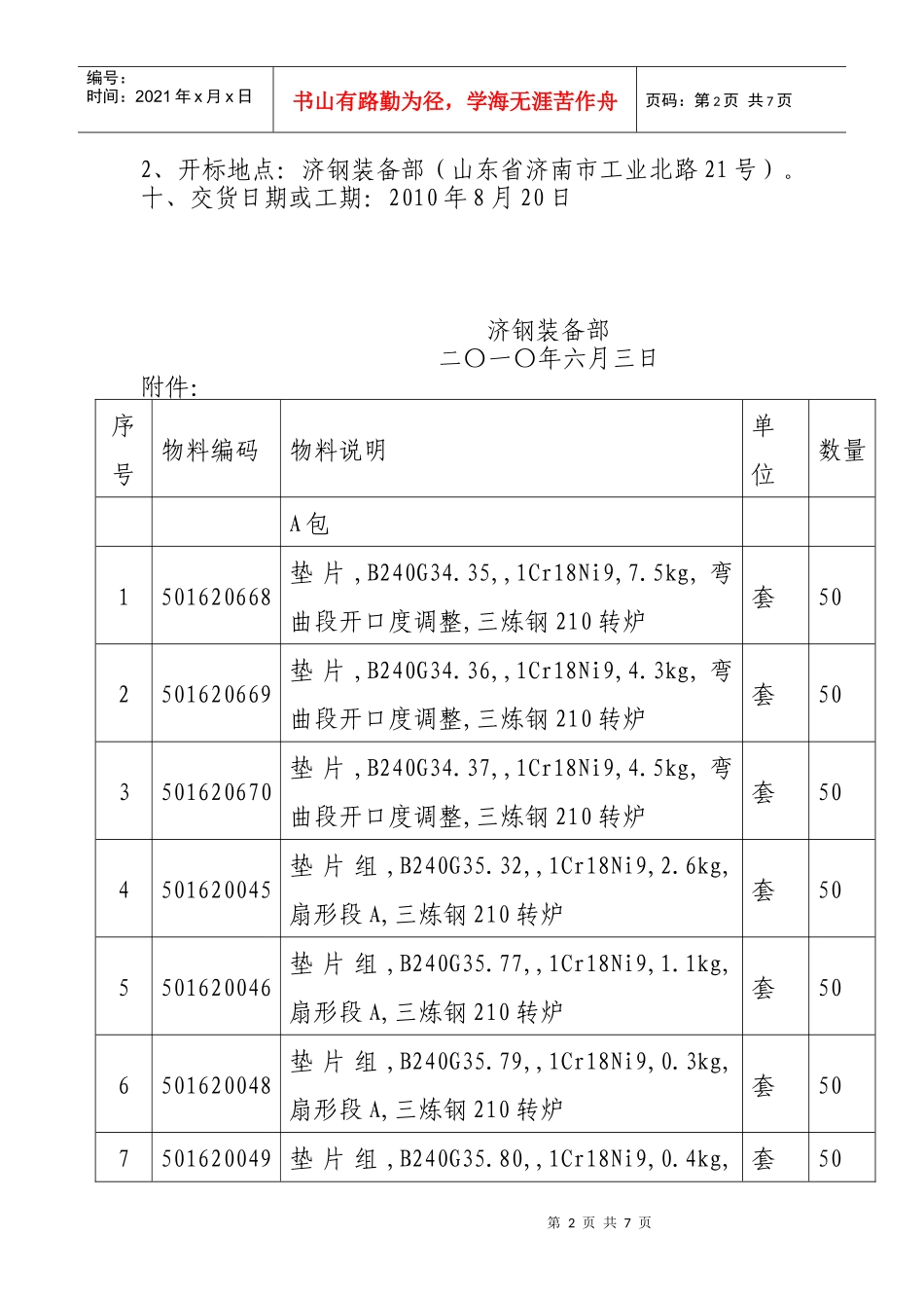 济钢三炼钢日常维护调整垫片等备件招标公告_第2页