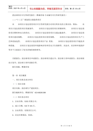 清洁球项目可行性研究报告(摩森咨询·专业编写可行性研