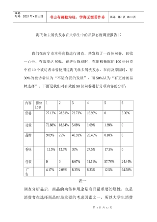 海飞丝去屑洗发水在大学生中的品牌知名度条查报告书