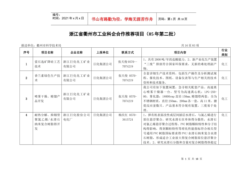 浙江省衢州市工业科企合作推荐项目（05年第二批）_第1页