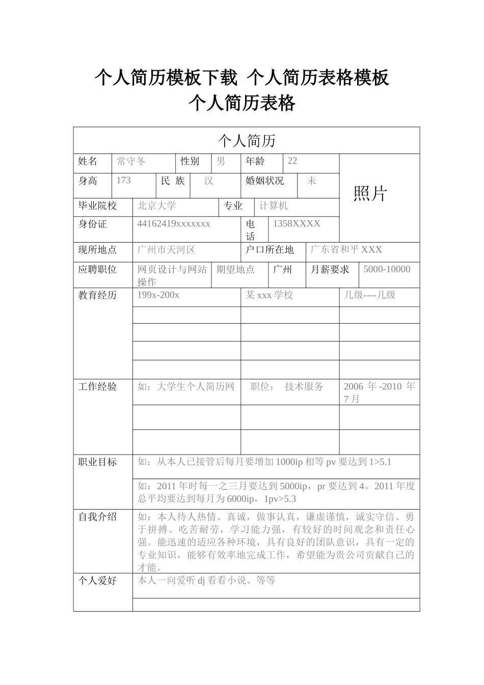 大学生个人简历模板、个人简历表格模板精选_第1页