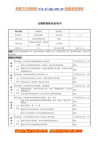 湖北新丰化纤公司物流管理部仓储管理职务说明书