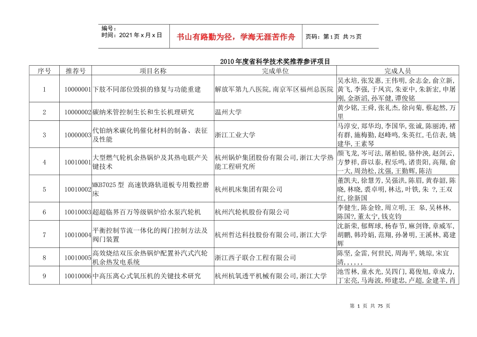 浙江省XXXX年度科学技术奖推荐参评项目_第1页