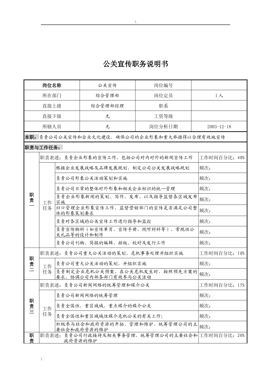 湖北新丰化纤公司综合管理部公关宣传职务说明书_第1页