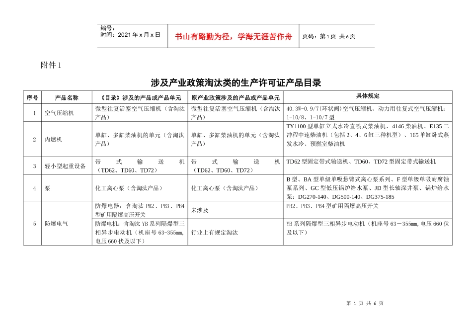 涉及产业政策淘汰类的生产许可证产品目录_第1页