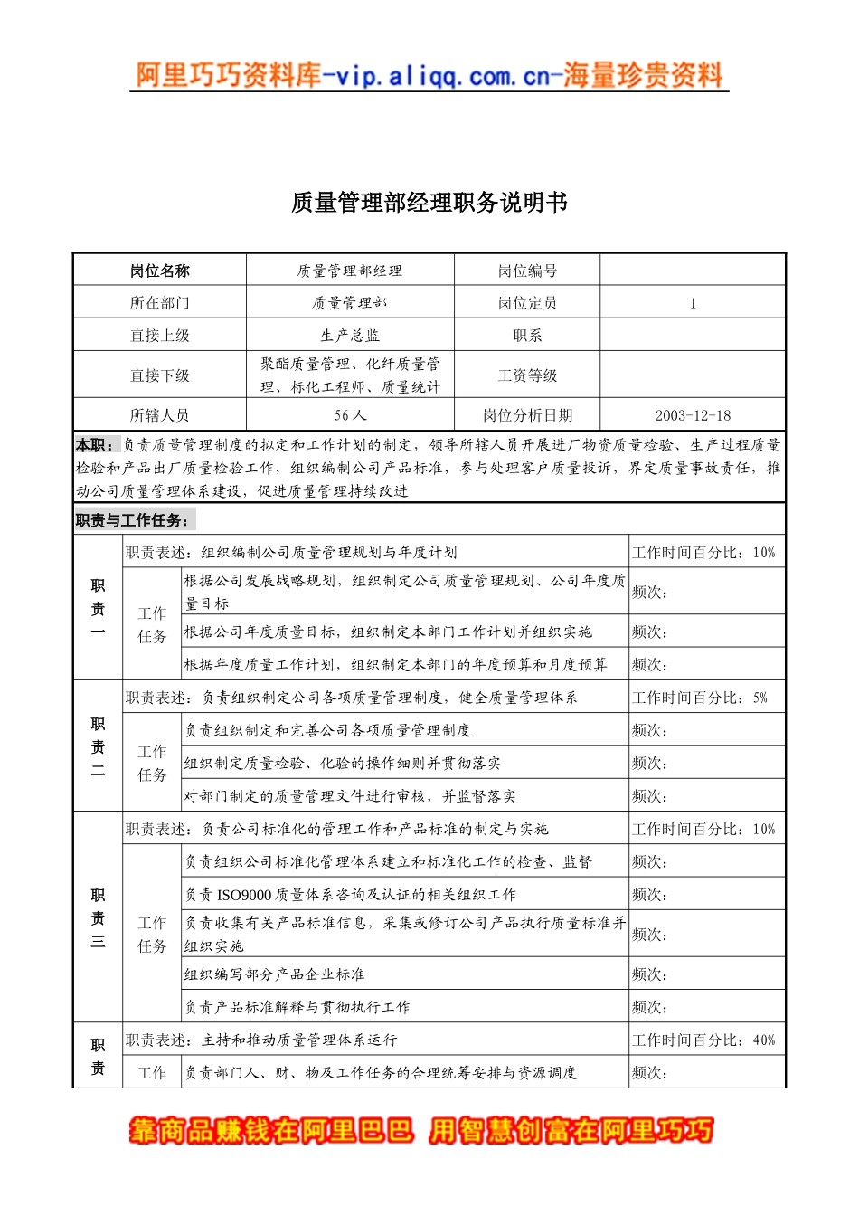 湖北新丰化纤公司质量管理部经理职务说明书_第1页