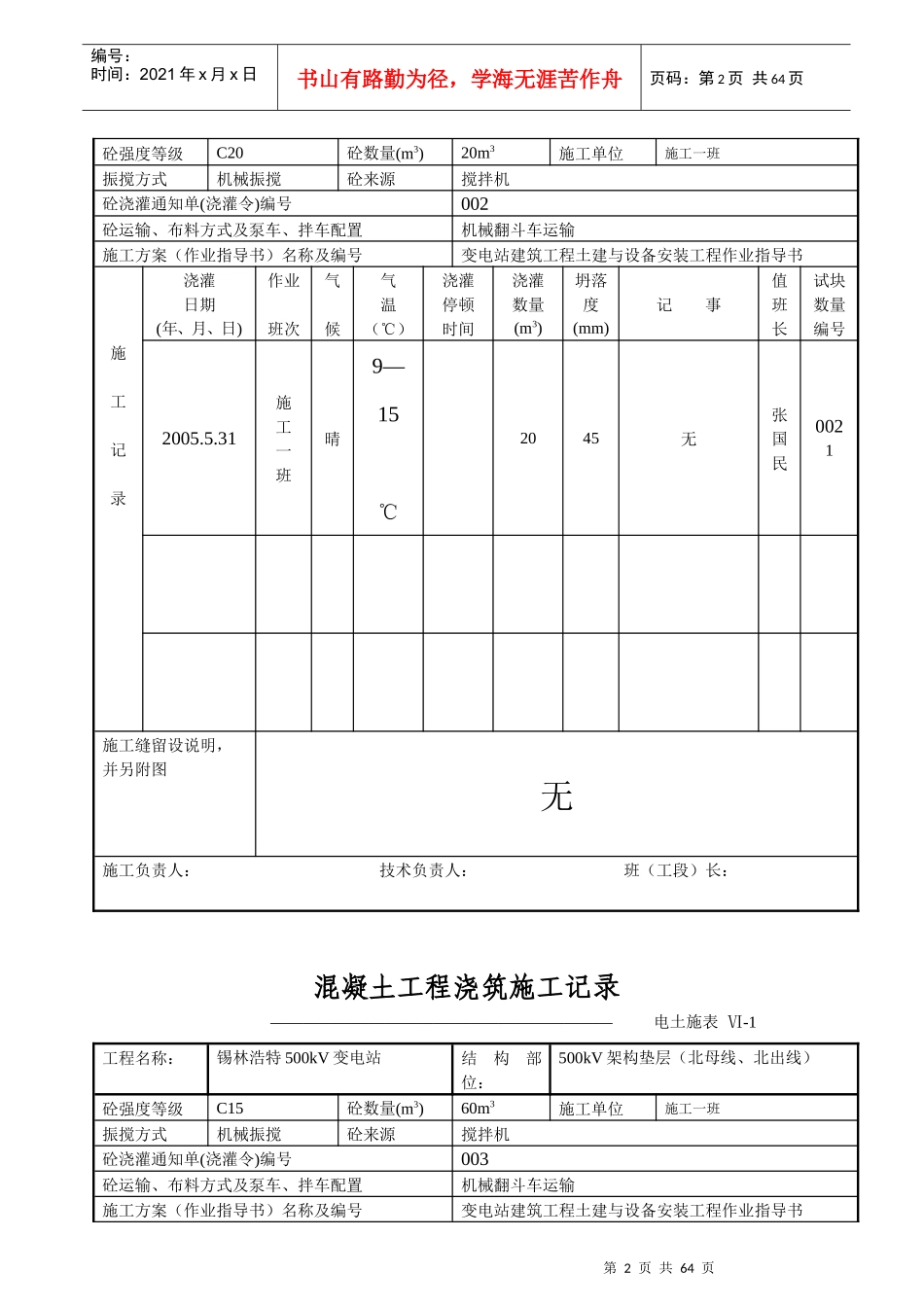 混凝土工程浇筑施工记录_第2页