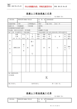 混凝土工程浇筑施工记录