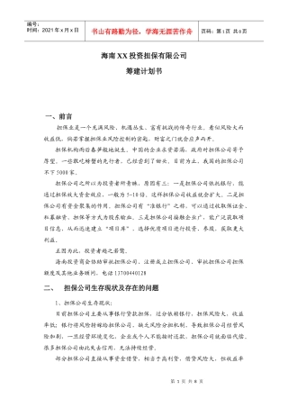 海南担保公司筹建计划书