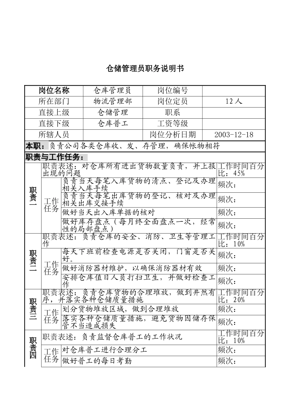 湖北新丰化纤公司物流管理部仓储管理员职务说明书_第1页