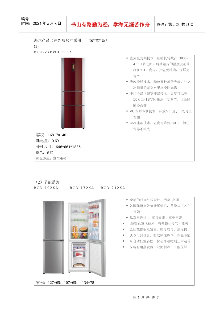 海尔产品简要介绍_第1页