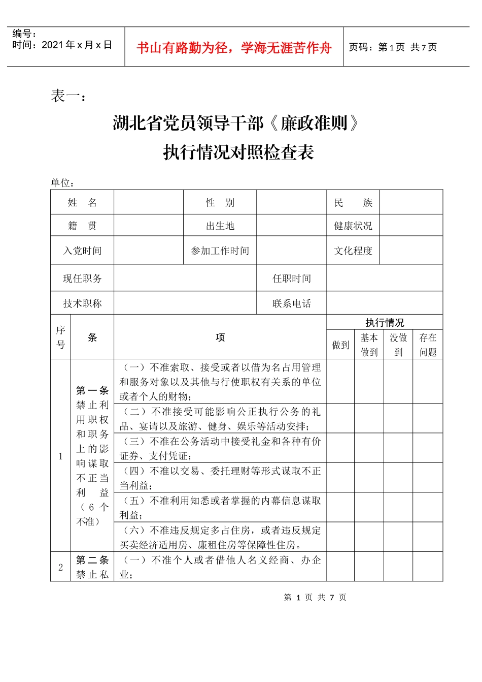 湖北省党员领导干部《廉政准则》执行情况对照检查表_第1页