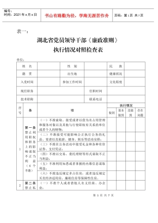 湖北省党员领导干部《廉政准则》执行情况对照检查表
