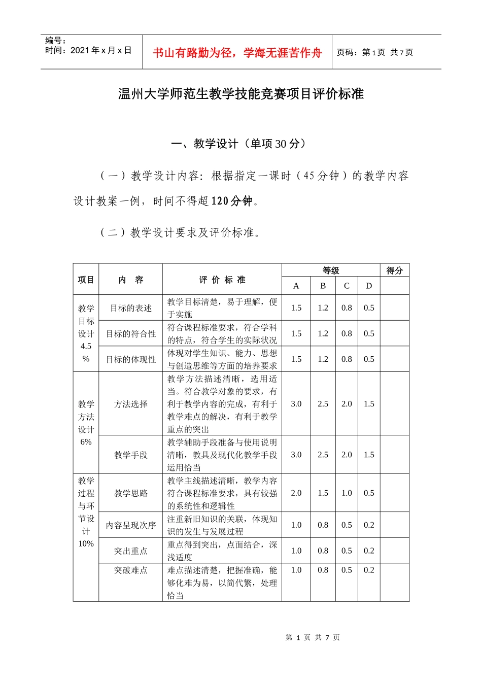 温州大学师范生教学技能竞赛项目评价标准_第1页