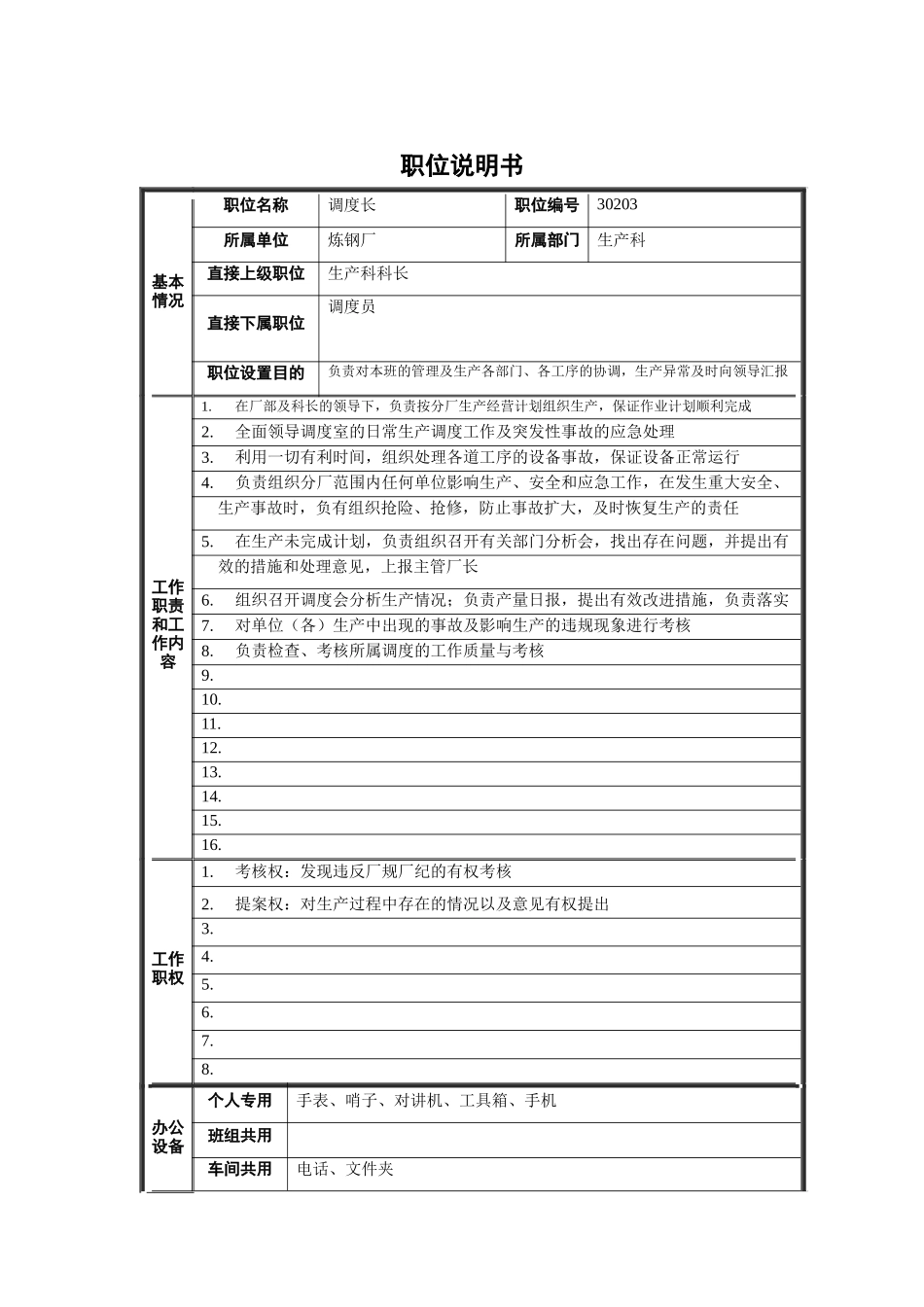 炼钢厂生产科调度长职位说明书_第1页