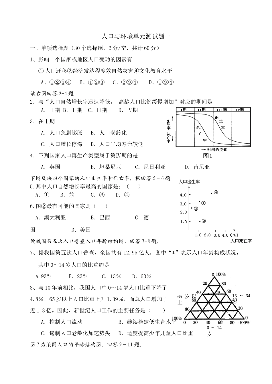 第一章 人口与环境单元试题1_第1页