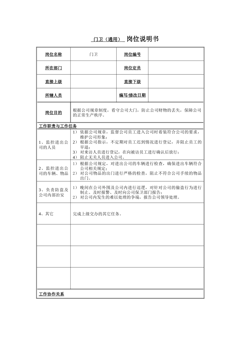 门卫岗位说明书_第1页