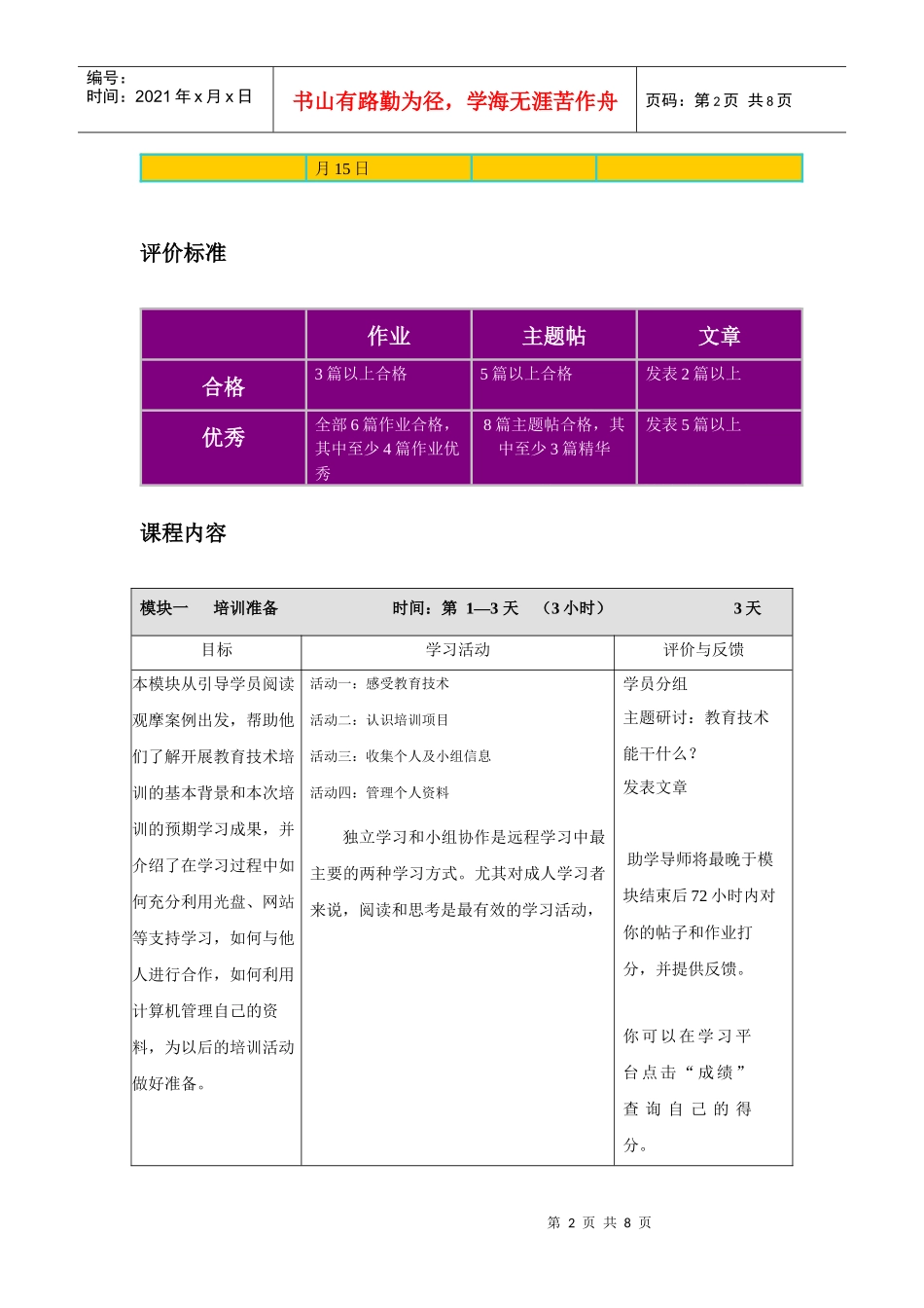 温州XXXX年第二期初级培训课程内容、学习时间安排、评价标准_第2页