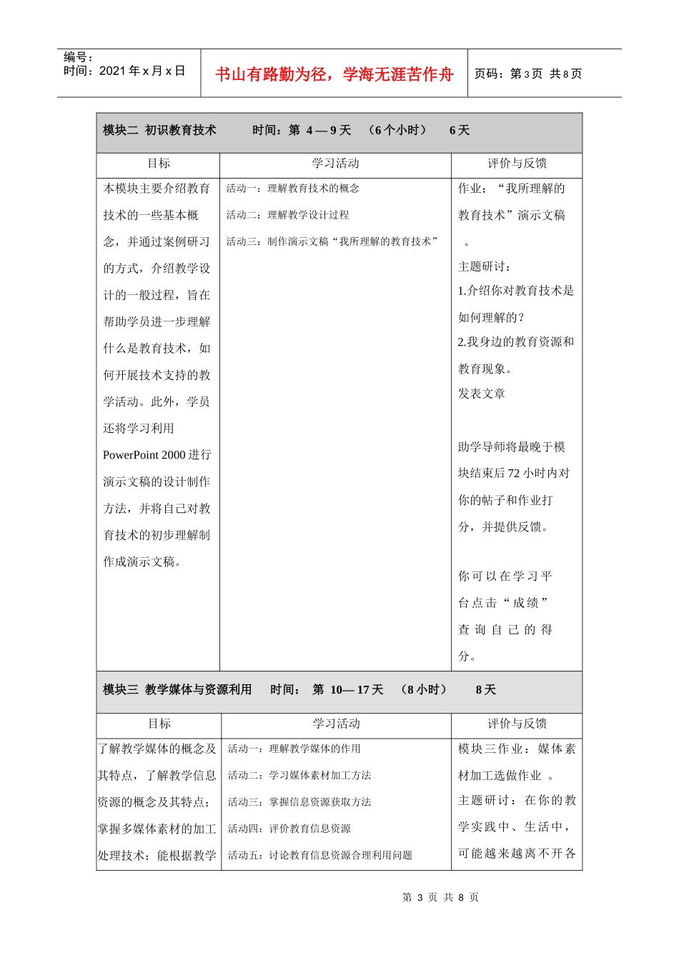 温州XXXX年第二期初级培训课程内容、学习时间安排、评价标准_第3页