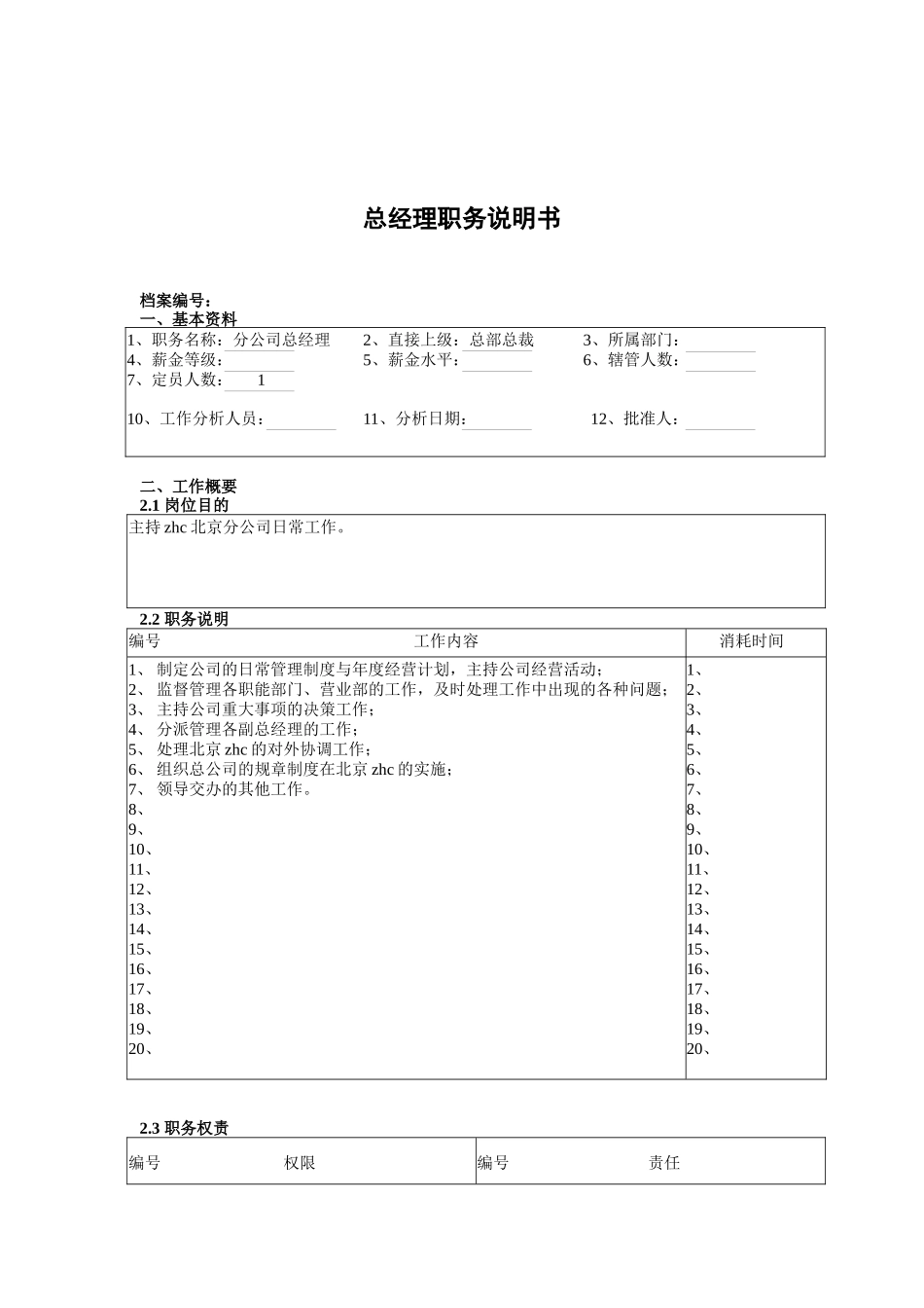 某北京分公司总经理职务说明书_第1页