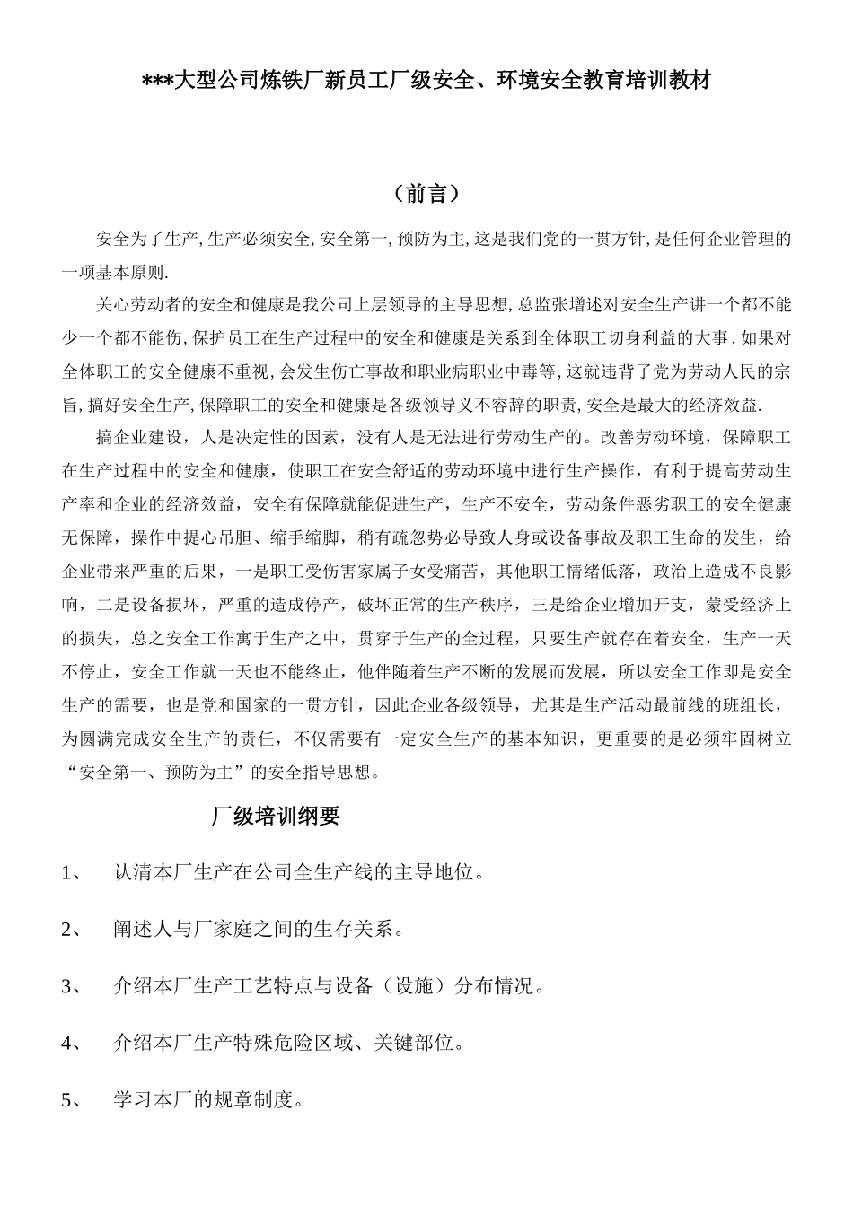 大型公司炼铁厂新员工厂级安全、环境安全教育培训教材_第1页