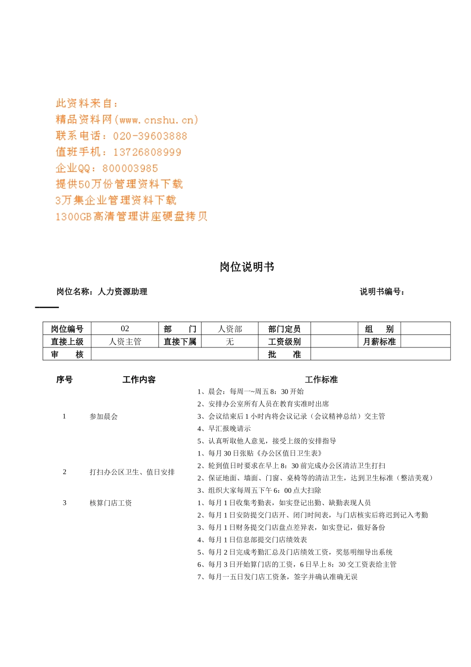 连锁企业人力资源助理岗位职务说明_第1页