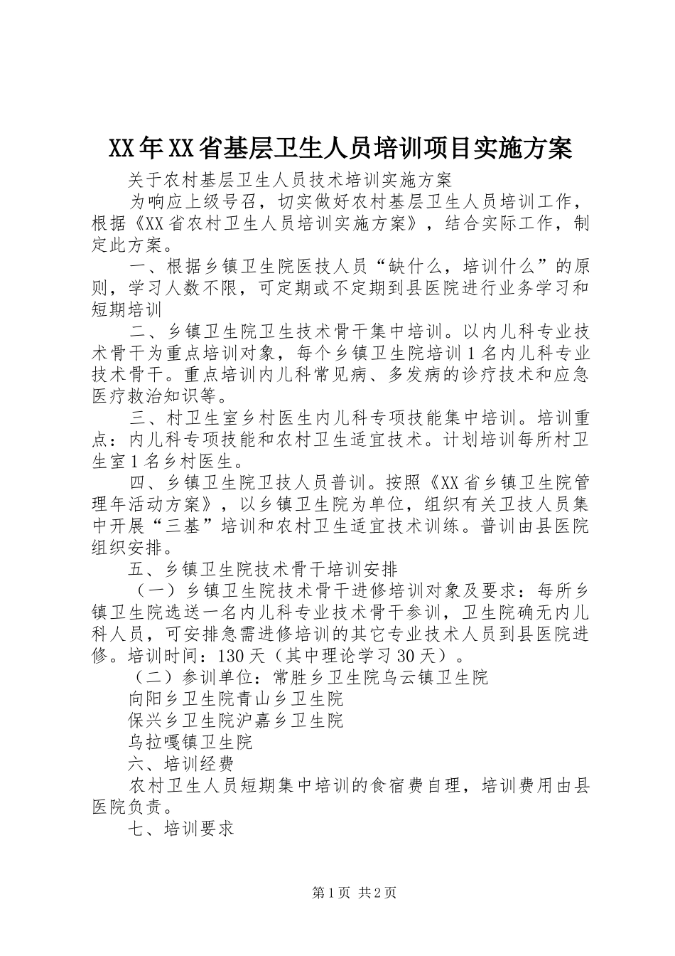 XX年XX省基层卫生人员培训项目方案 _第1页