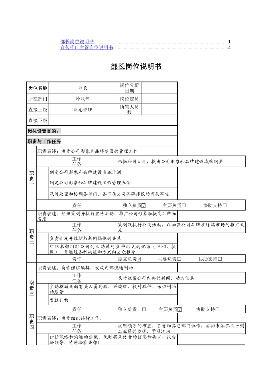 部长、宣传推广主管岗位职务描述_第1页