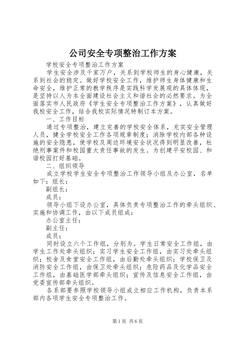 公司安全专项整治工作实施方案 _第1页