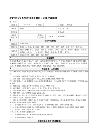 北京XXXX食品技术开发有限公司岗位说明书