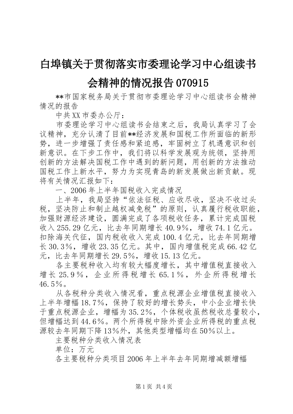 白埠镇关于贯彻落实市委理论学习中心组读书会精神的情况报告070915 _第1页