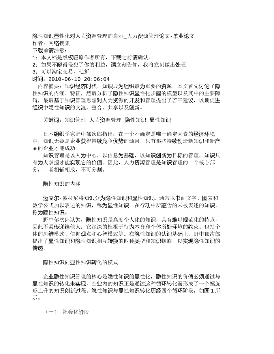 【精品文档-管理学】隐性知识显性化对人力资源管理的启示_人力_第1页