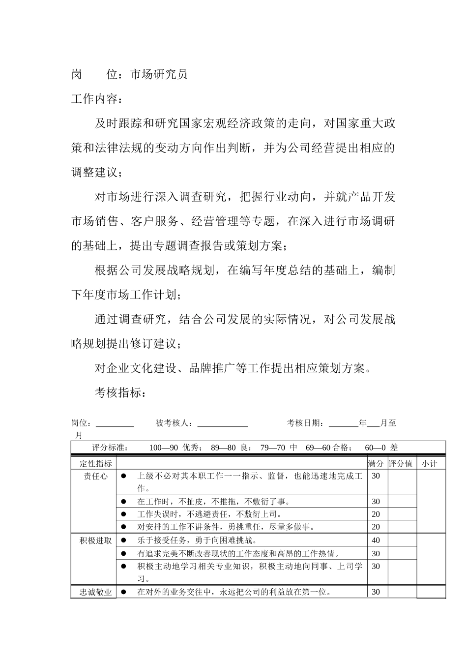 岗位工作内容和年度定性考核指标-市场研究员_第1页