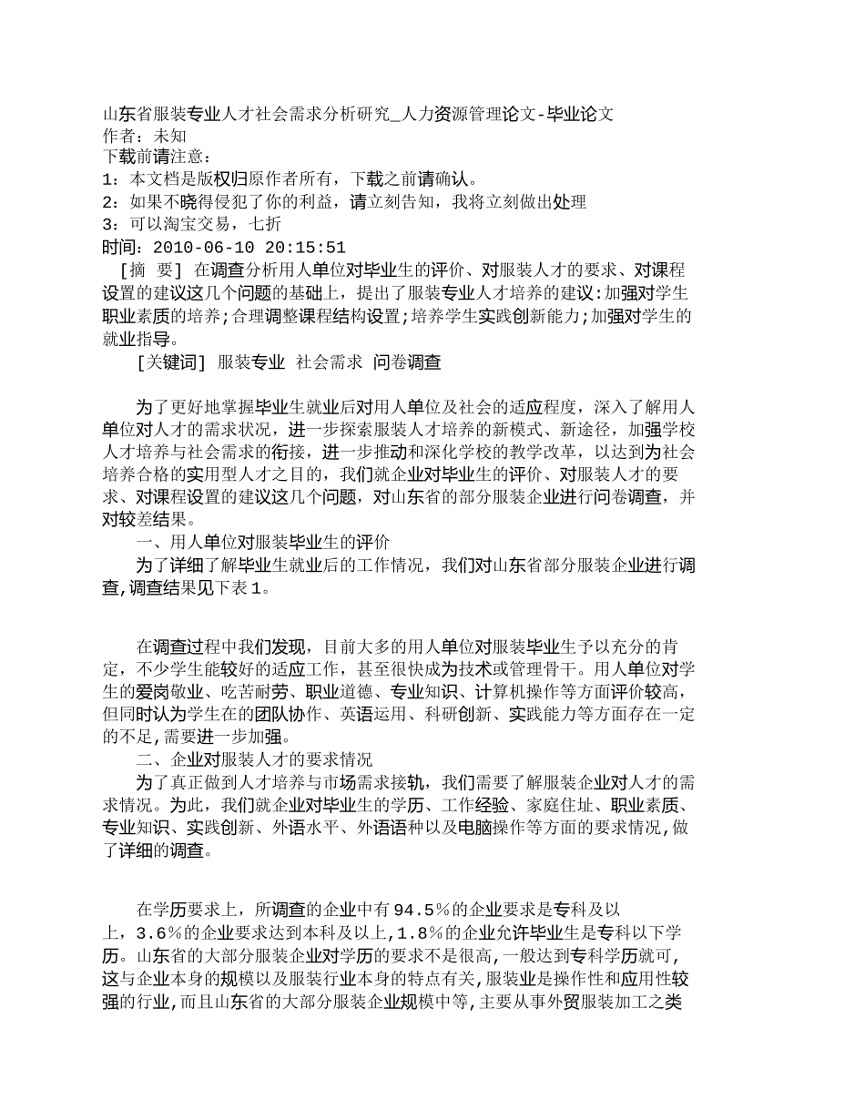 【精品文档-管理学】山东省服装专业人才社会需求分析研究_人力_第1页