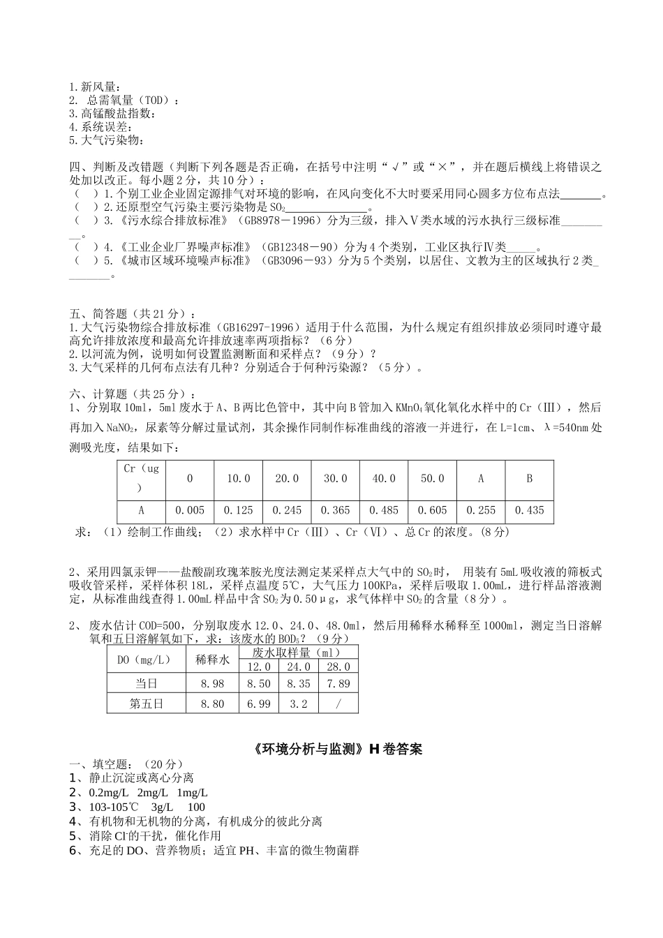 《环境分析与监测》考试试卷（h）+答案_第2页