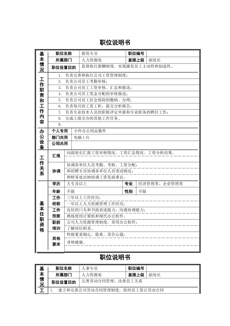 某钢铁人力资源处非管理者职位说明书_第1页