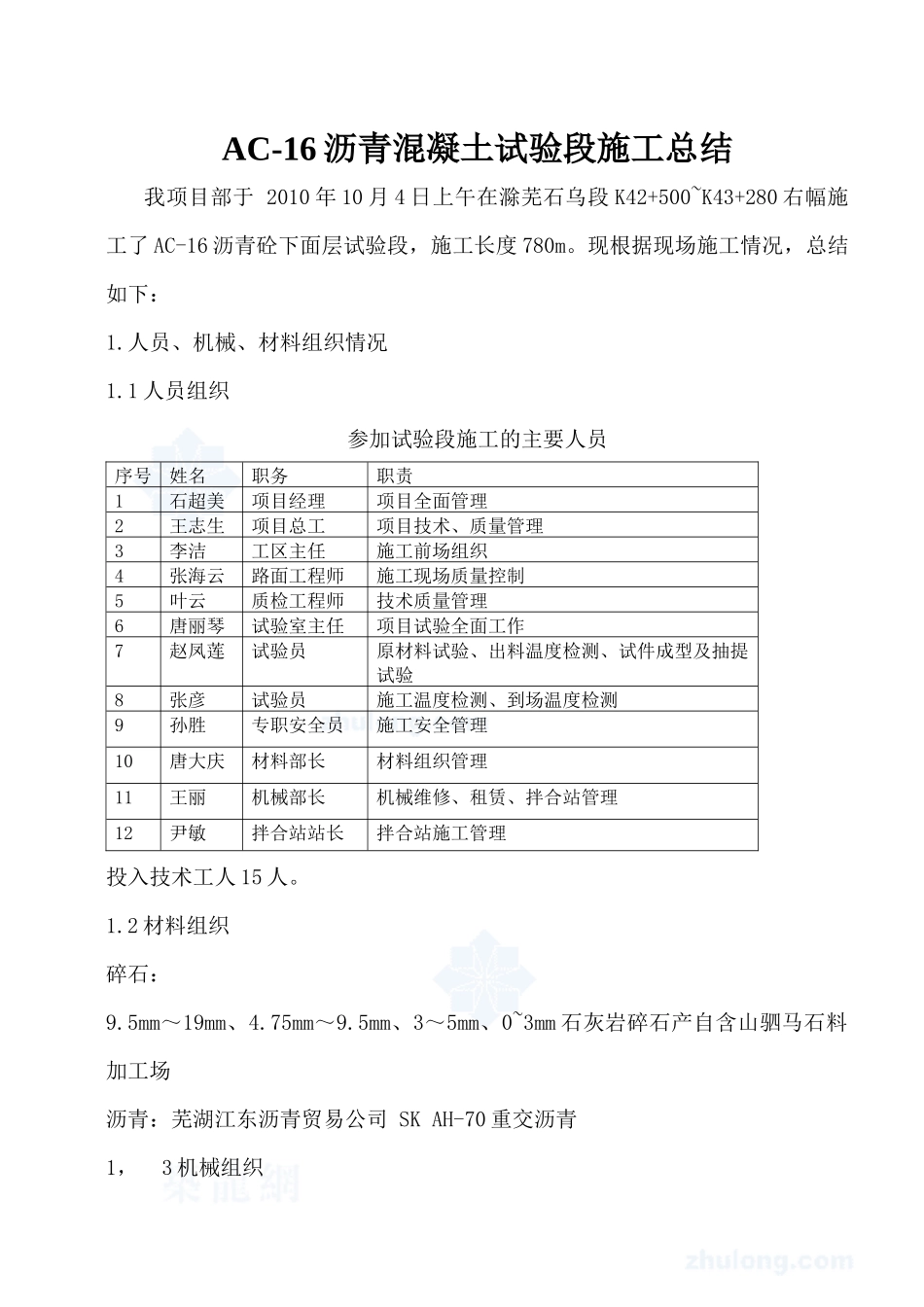 沥青混凝土表面层试验段施工总结_secret_第1页