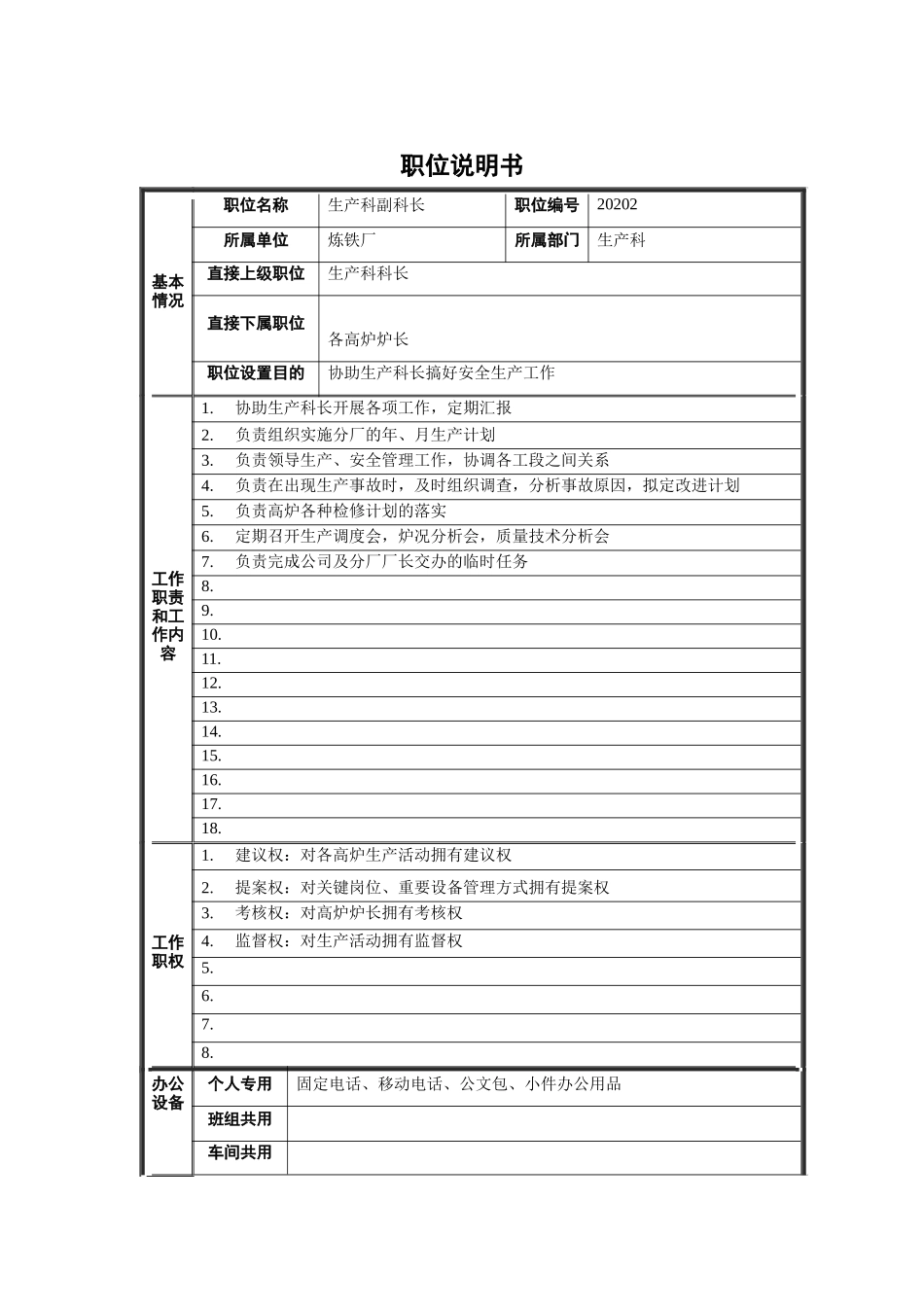 炼铁厂生产科生产科副科长职位说明书_第1页