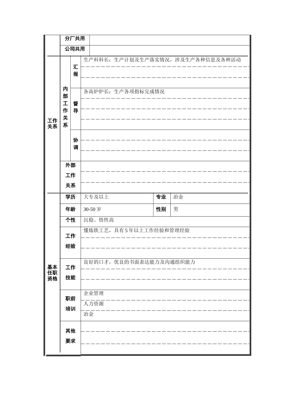 炼铁厂生产科生产科副科长职位说明书_第2页