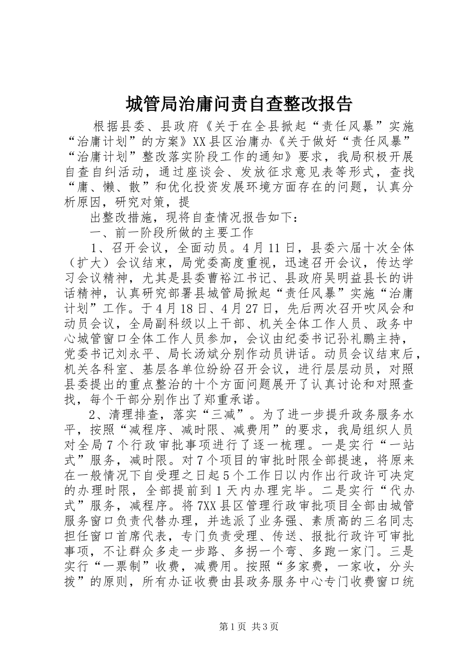 城管局治庸问责自查整改报告 _第1页